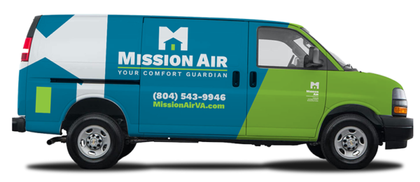 Mission Air VA van wrapped in green and blue brand colors and logo